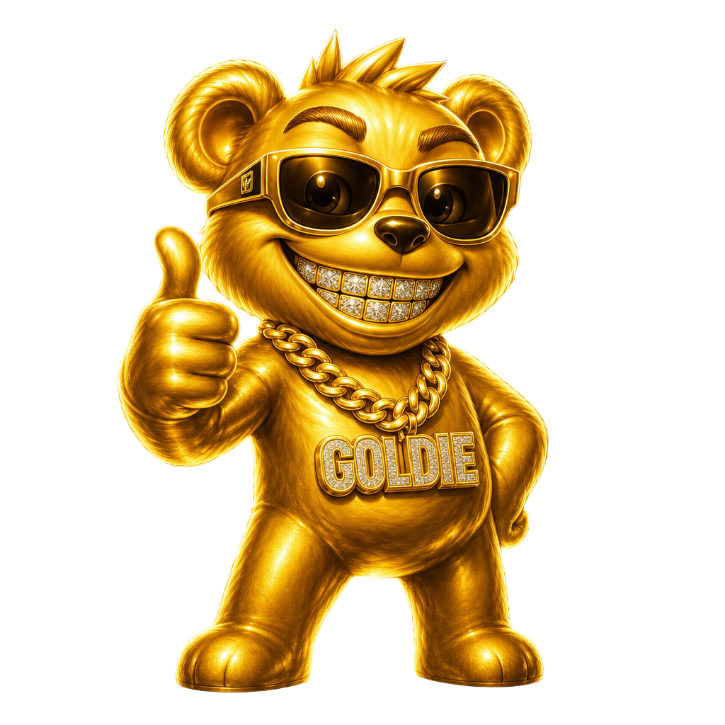 Goldie the golden bear mascot with diamond grills and designer shades